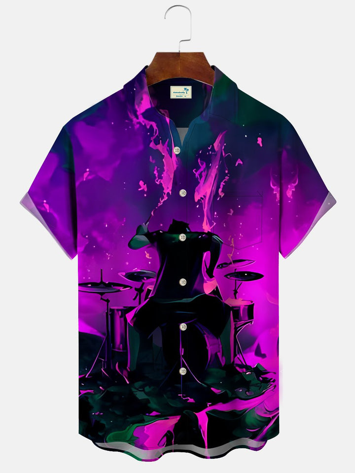 Camisa informal de manga corta con bolsillo y botones estilo retro con batería musical Alohadaddy