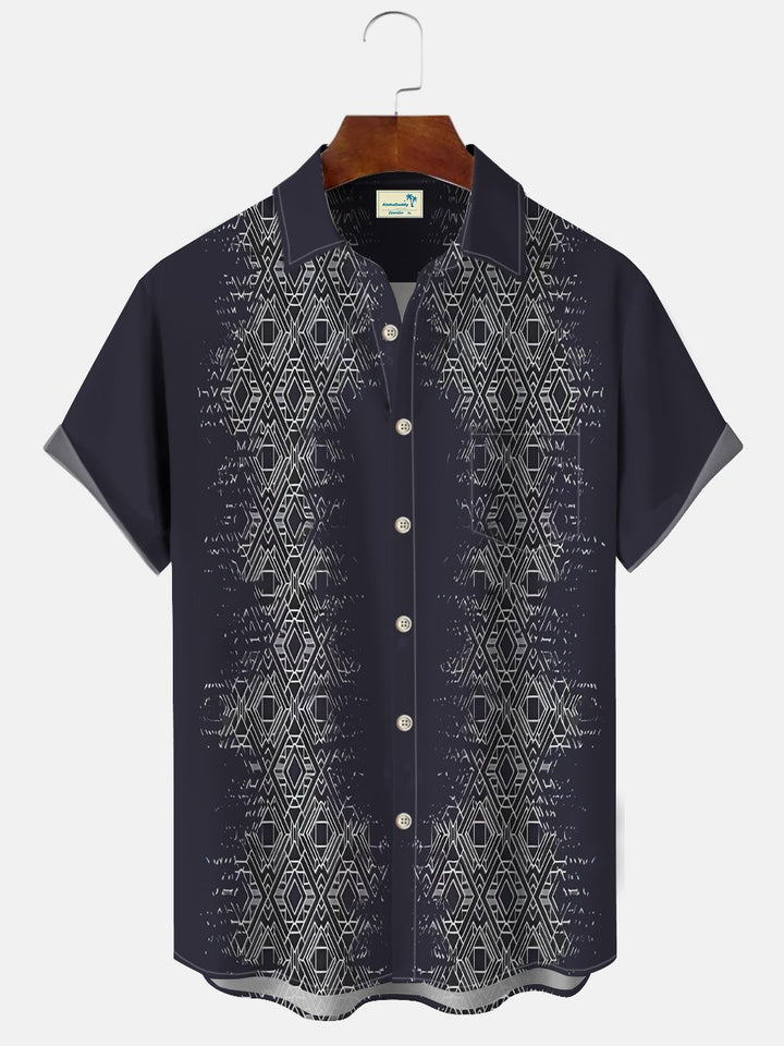 Alohadaddy Geometric Pattern Button Pocket Casual 50S Bowling Commuter Short Sleeve Shirt