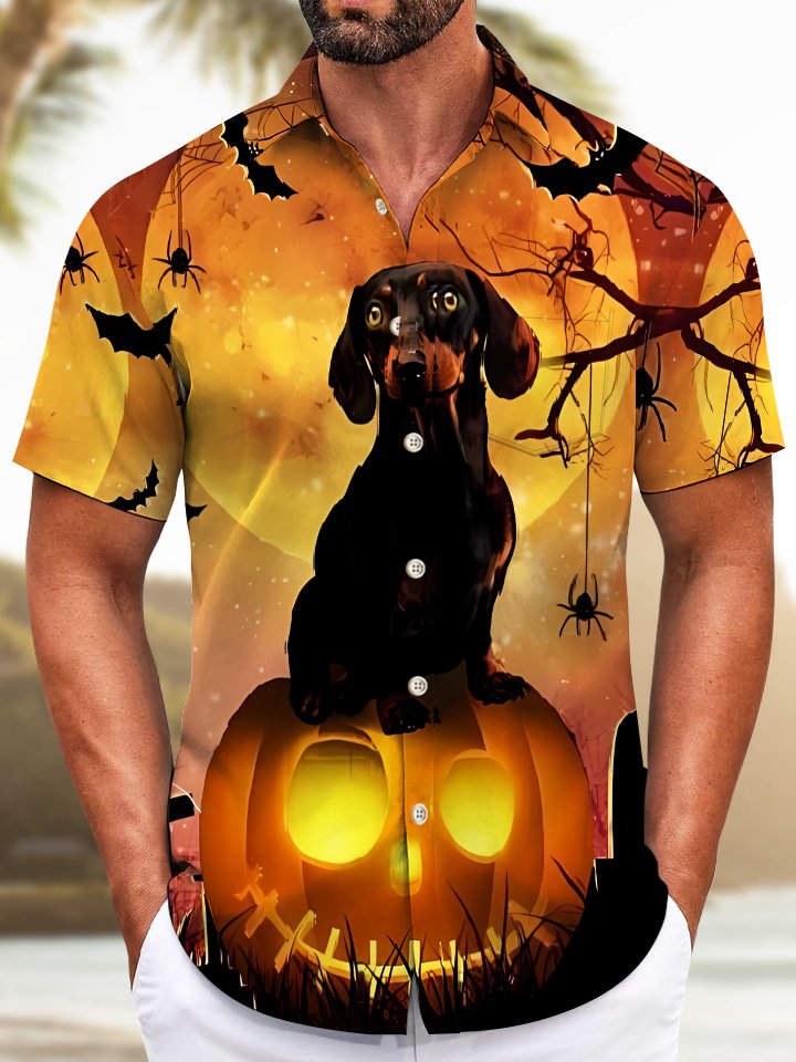 Camisa informal de manga corta con bolsillo y botones con diseño de perro divertido y calabaza de Halloween de Alohadaddy