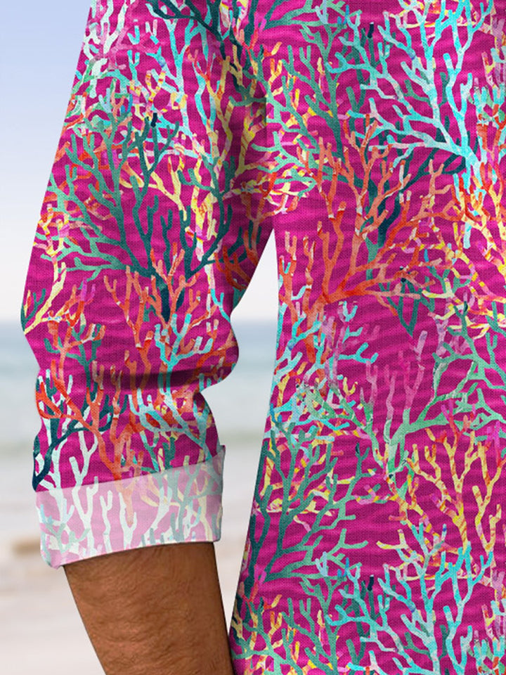 Camisa informal de manga larga con bolsillos y botones en degradado coral océano de Alohadaddy
