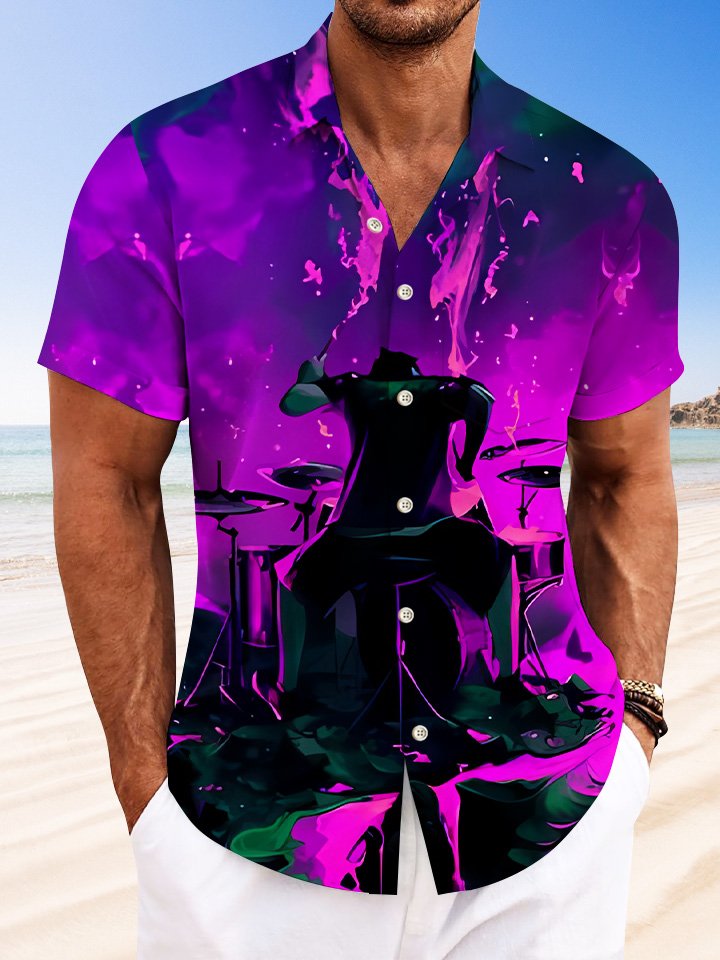 Camisa informal de manga corta con bolsillo y botones estilo retro con batería musical Alohadaddy