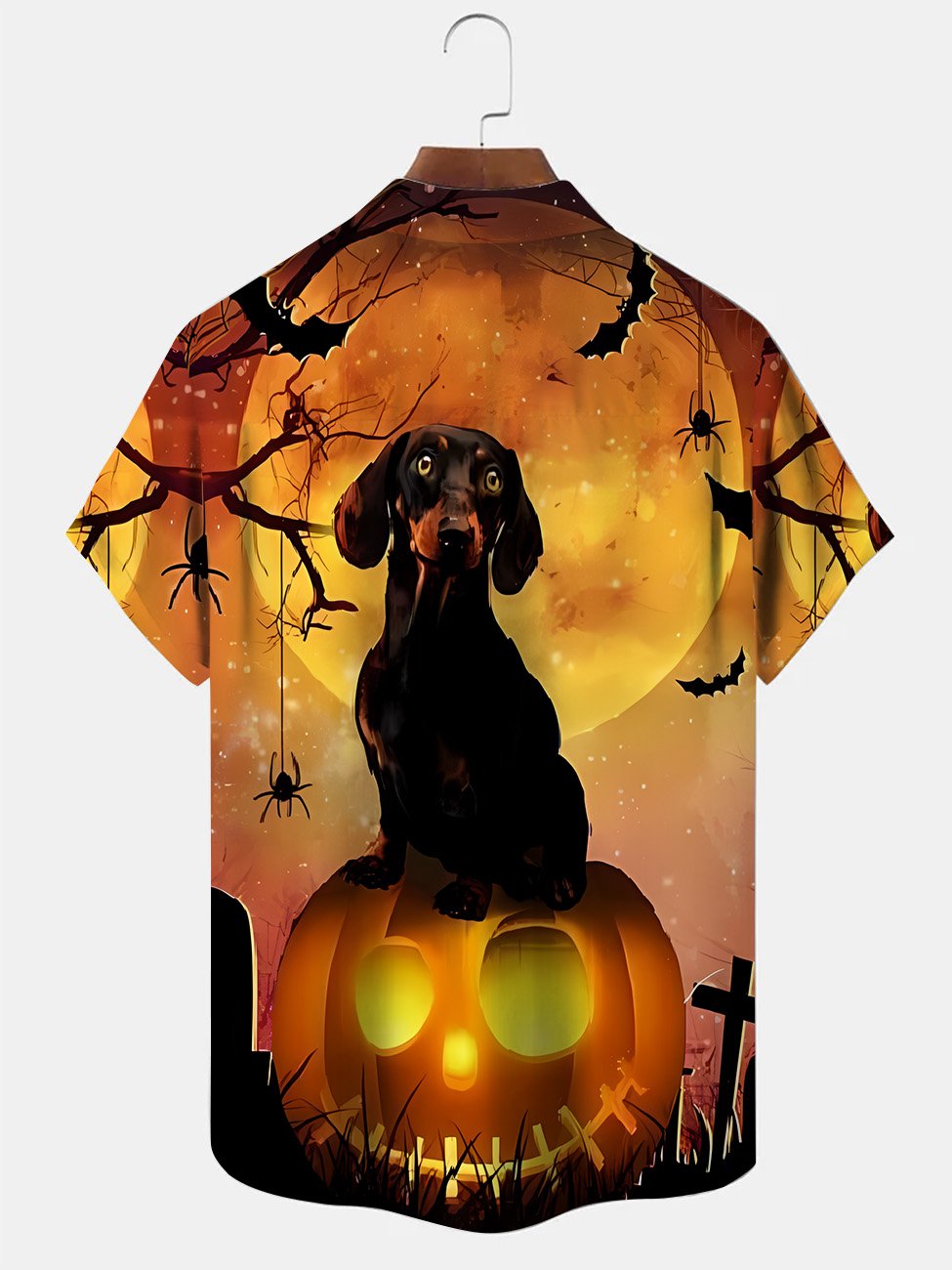 Camisa informal de manga corta con bolsillo y botones con diseño de perro divertido y calabaza de Halloween de Alohadaddy