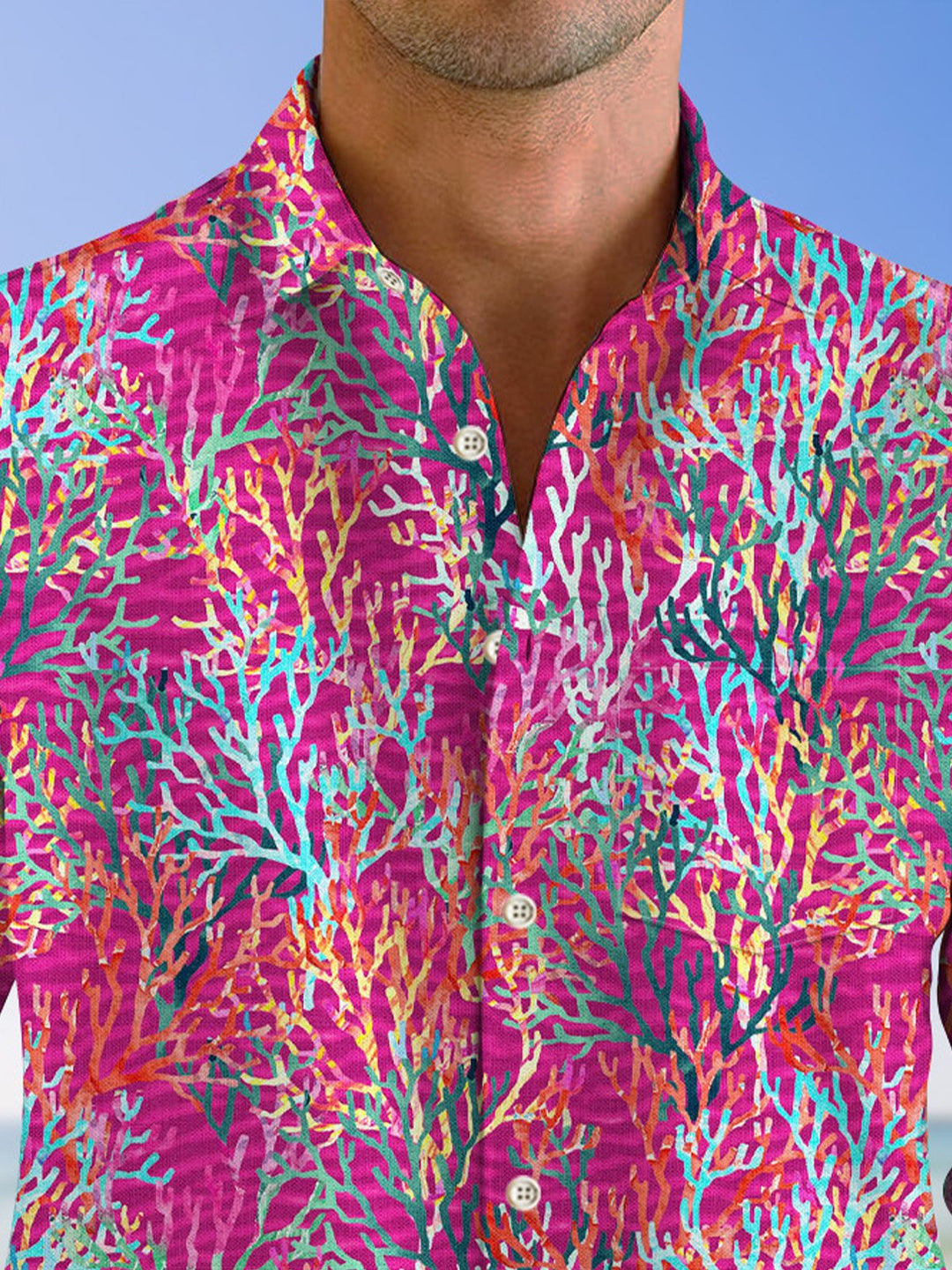 Camisa informal de manga larga con bolsillos y botones en degradado coral océano de Alohadaddy