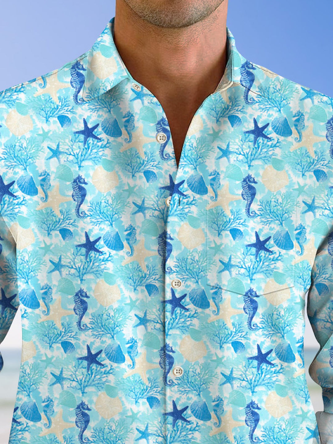 Camisa informal de manga larga con bolsillos y botones con degradado animal de coral oceánico de Alohadaddy