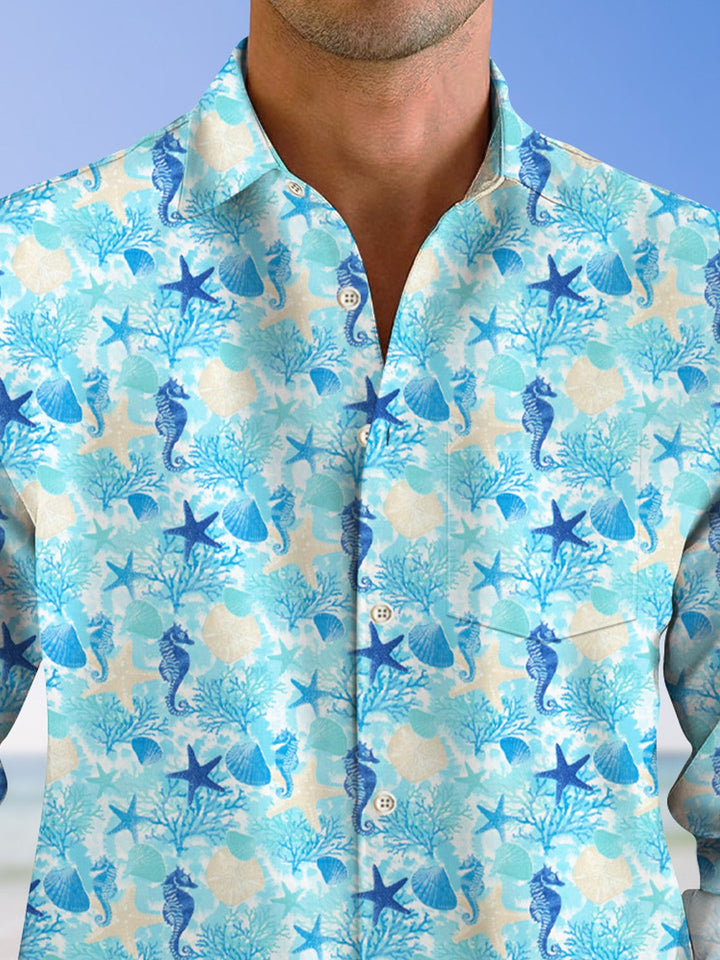 Camisa informal de manga larga con bolsillos y botones con degradado animal de coral oceánico de Alohadaddy