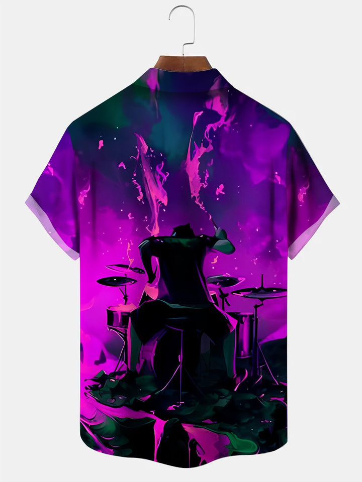 Camisa informal de manga corta con bolsillo y botones estilo retro con batería musical Alohadaddy