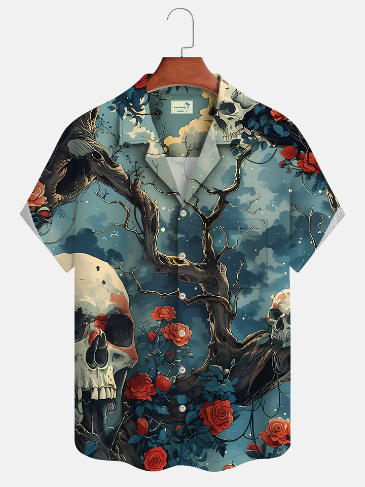 Alohadaddy Retro Plant Skull Flower Button Pocket Casual Short Sleeve Shirt