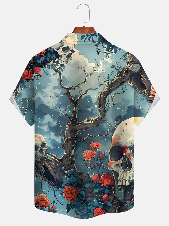 Alohadaddy Retro Plant Skull Flower Button Pocket Casual Short Sleeve Shirt