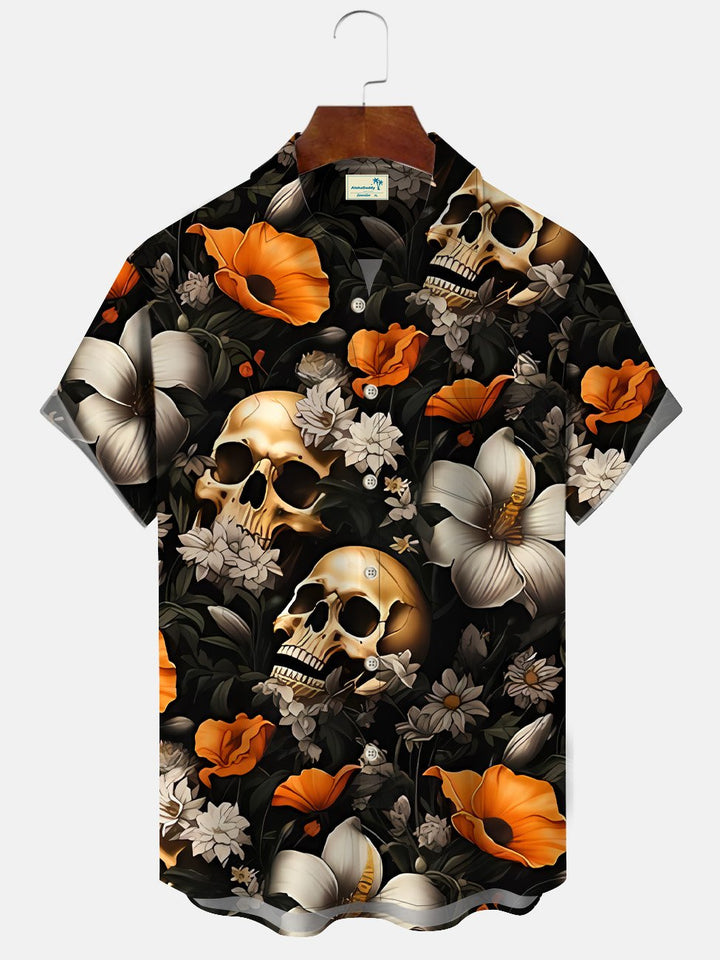 Camisa informal de manga corta con bolsillos y botones, diseño de calavera y flores de Alohadaddy