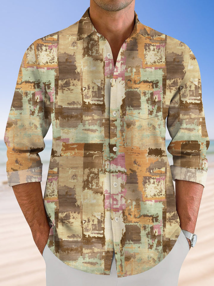 Alohadaddy Retro Geometric Pattern Pocket Button Casual Long Sleeve Shirt