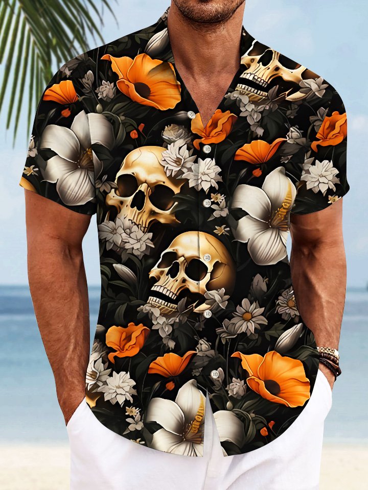 Camisa informal de manga corta con bolsillos y botones, diseño de calavera y flores de Alohadaddy