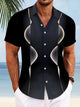 Alohadaddy Geometric Stripes Curve Button Pocket Casual 50S Bowling Commuter Short Sleeve Shirt