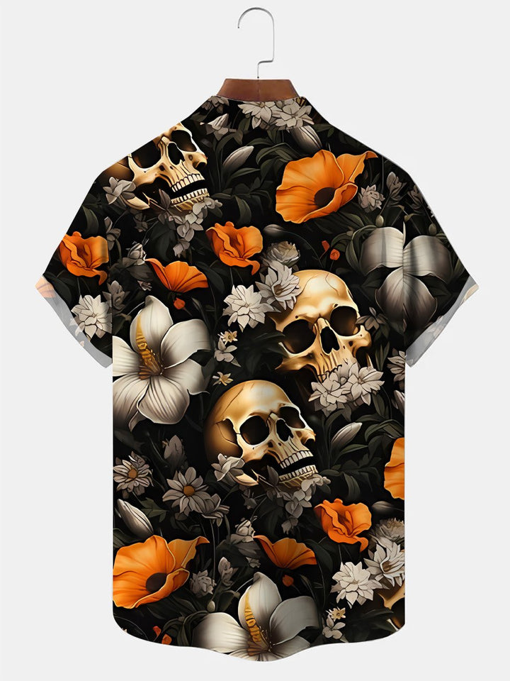 Camisa informal de manga corta con bolsillos y botones, diseño de calavera y flores de Alohadaddy