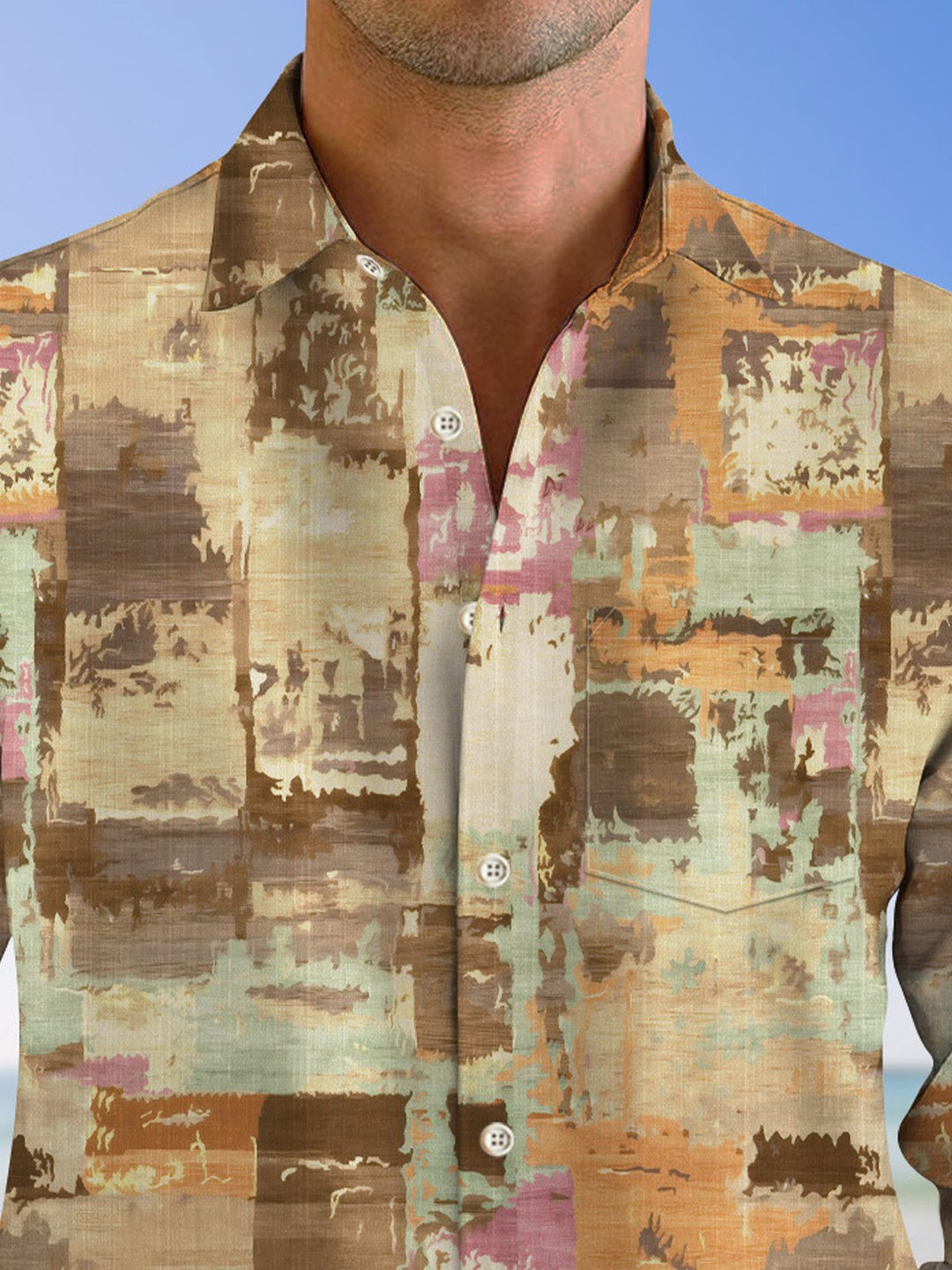 Alohadaddy Retro Geometric Pattern Pocket Button Casual Long Sleeve Shirt