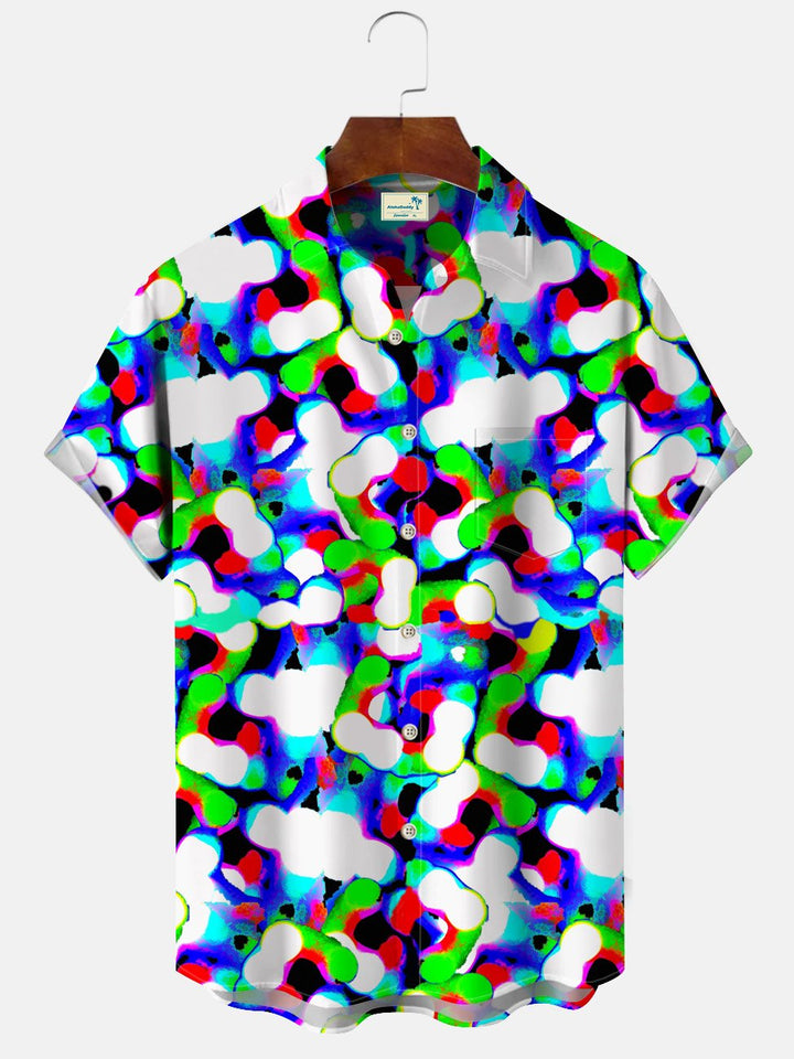 Alohadaddy Geometric Pattern 3D Fluorescent Three-dimensional Contrast Pocket Button Casual Short Sleeve Shirt
