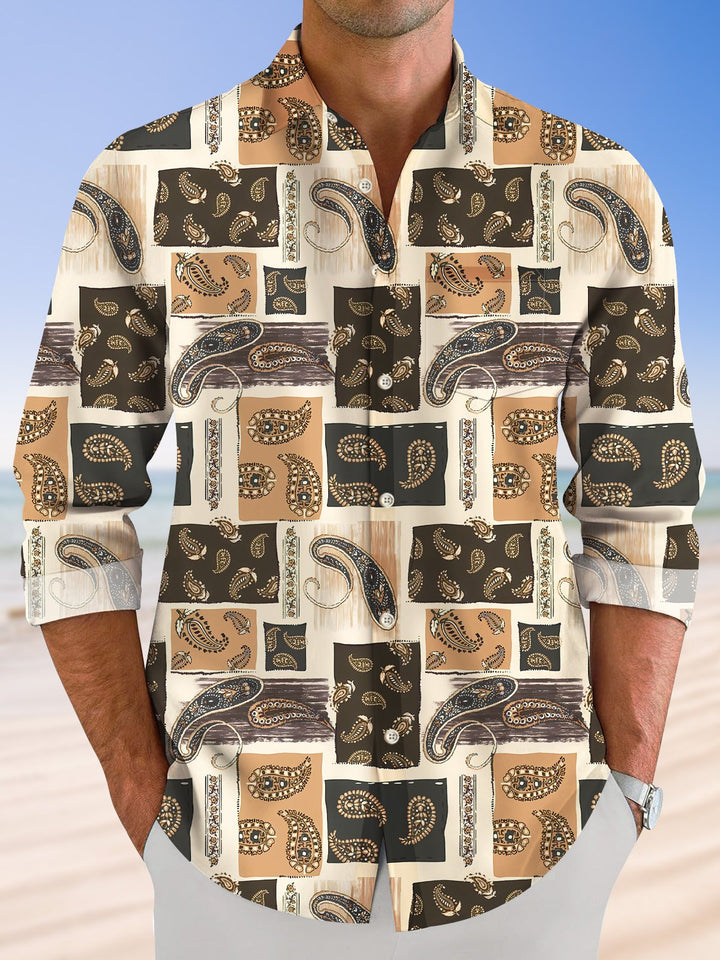 Alohadaddy Vintage Paisley Geometric Pattern Pocket Button Casual Long Sleeve Shirt