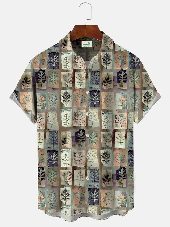 Alohadaddy Plant Leaves 3D Geometry Pocket Button Casual Short Sleeve Shirt