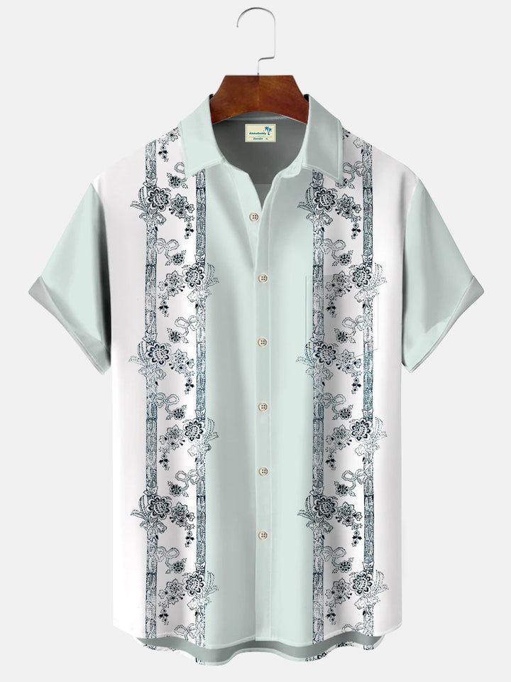 Alohadaddy Plant Leaves Pocket Buttons Casual 50S Bowling Commuter Short Sleeve Shirt