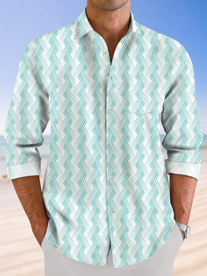 Alohadaddy Geometric Simple Pattern Pocket Button Casual Long Sleeve Shirt
