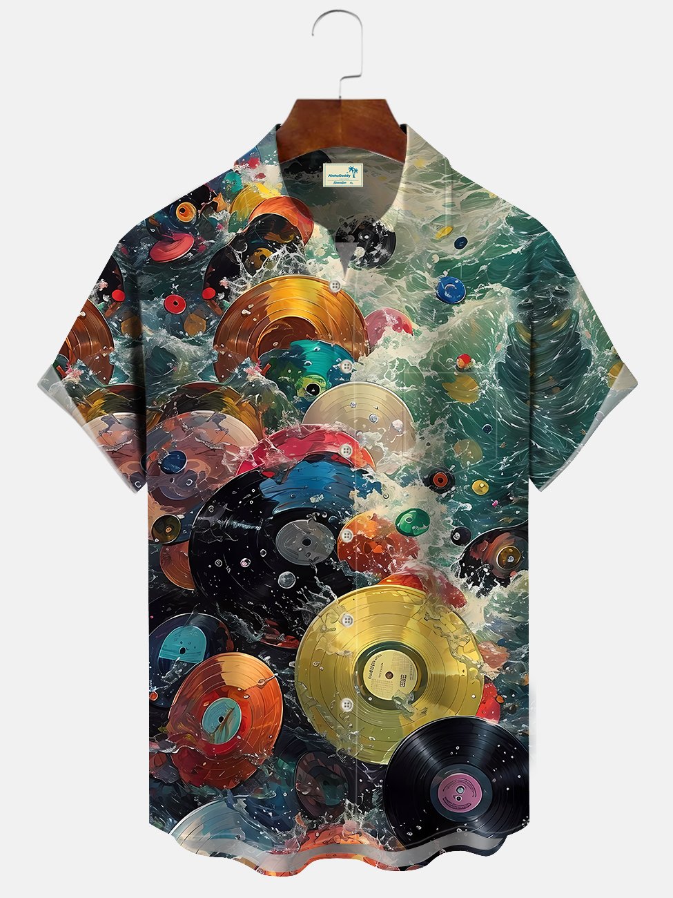 Alohadaddy Retro Vinyl Record Wave Pocket Button Casual Short Sleeve Shirt