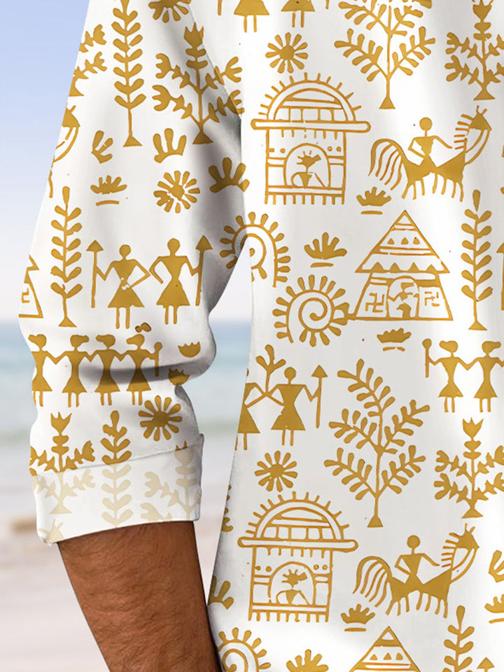 Alohadaddy Indian mural retro pocket button casual short sleeve shirt