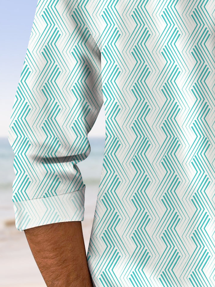 Alohadaddy Geometric Simple Pattern Pocket Button Casual Long Sleeve Shirt