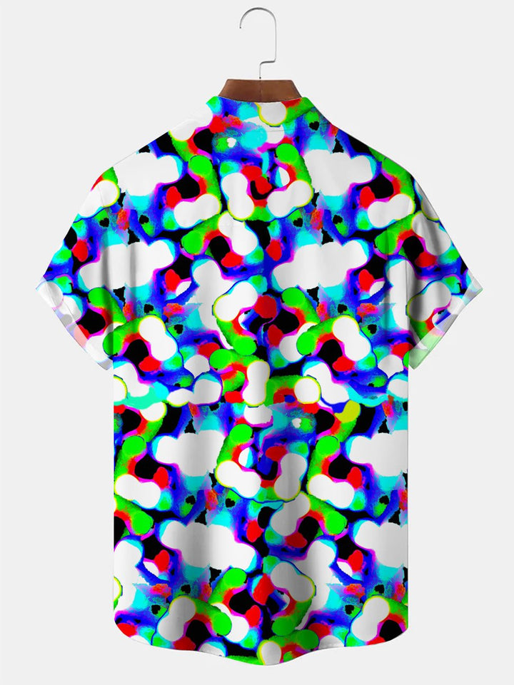 Alohadaddy Geometric Pattern 3D Fluorescent Three-dimensional Contrast Pocket Button Casual Short Sleeve Shirt