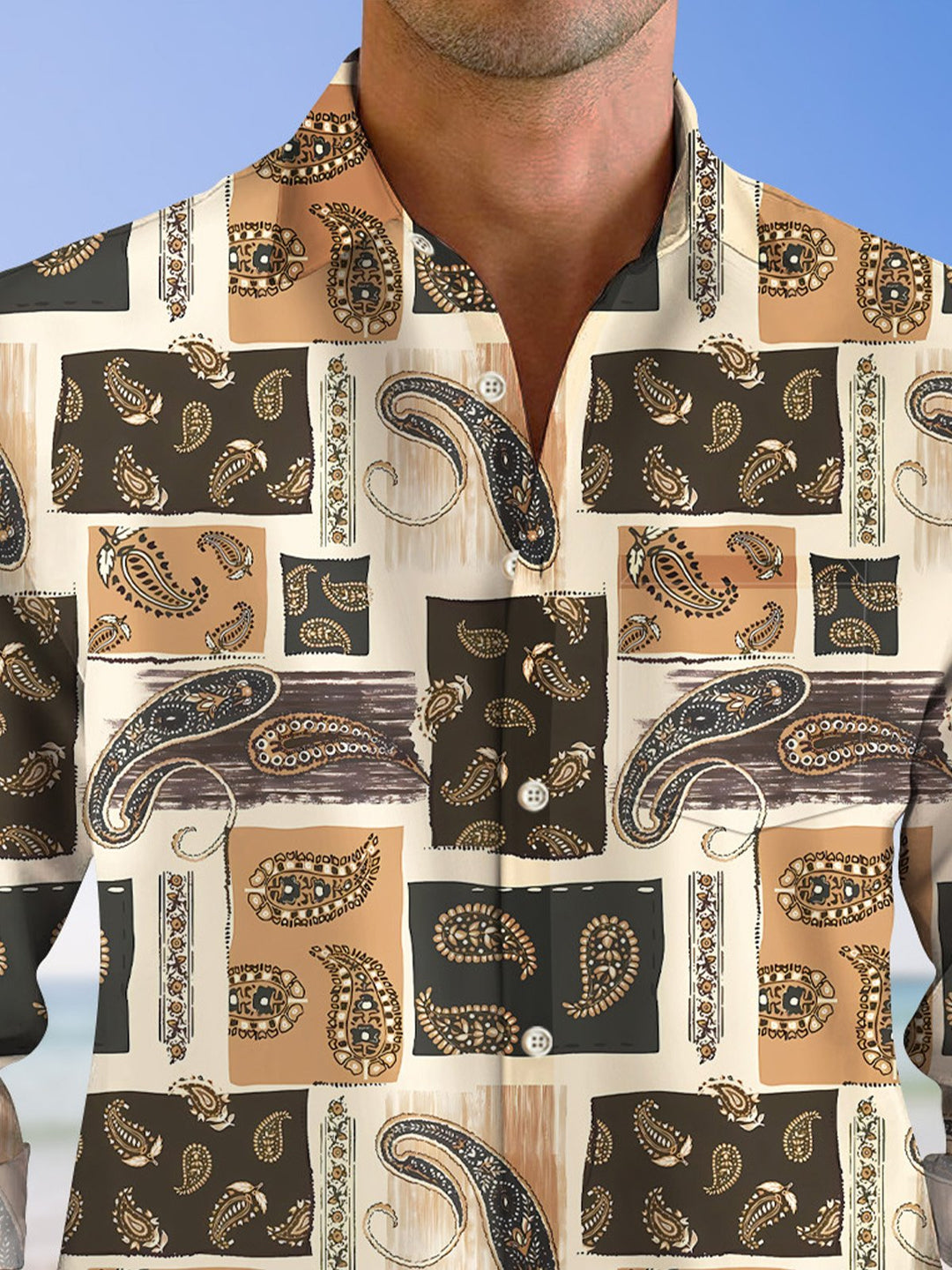 Alohadaddy Vintage Paisley Geometric Pattern Pocket Button Casual Long Sleeve Shirt
