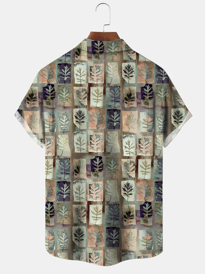 Alohadaddy Plant Leaves 3D Geometry Pocket Button Casual Short Sleeve Shirt