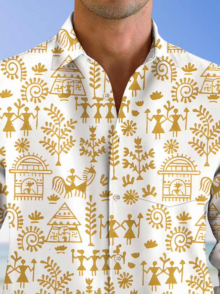 Alohadaddy Indian mural retro pocket button casual short sleeve shirt