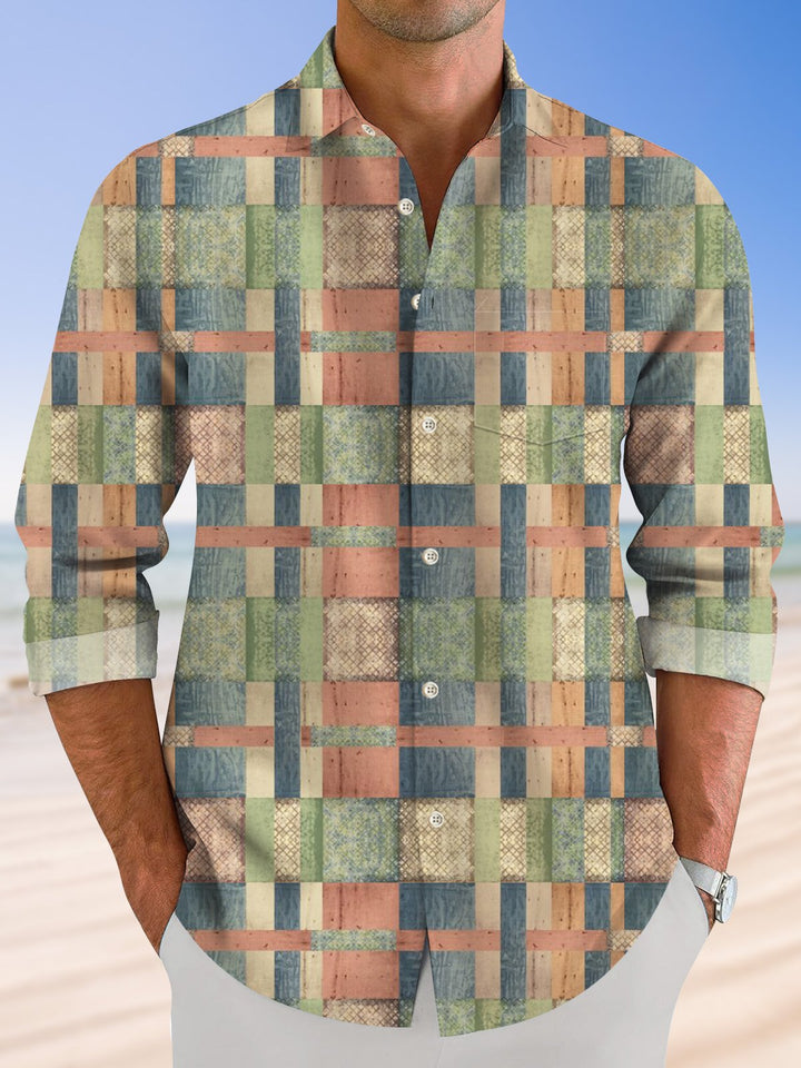 Alohadaddy Retro Geometric Plaid Pocket Button Casual Long Sleeve Shirt