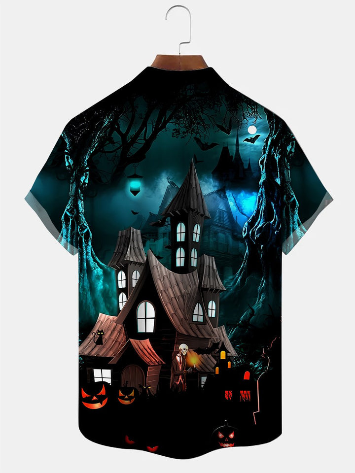 Alohadaddy Halloween Pumpkin Pocket Button Casual Short Sleeve Shirt