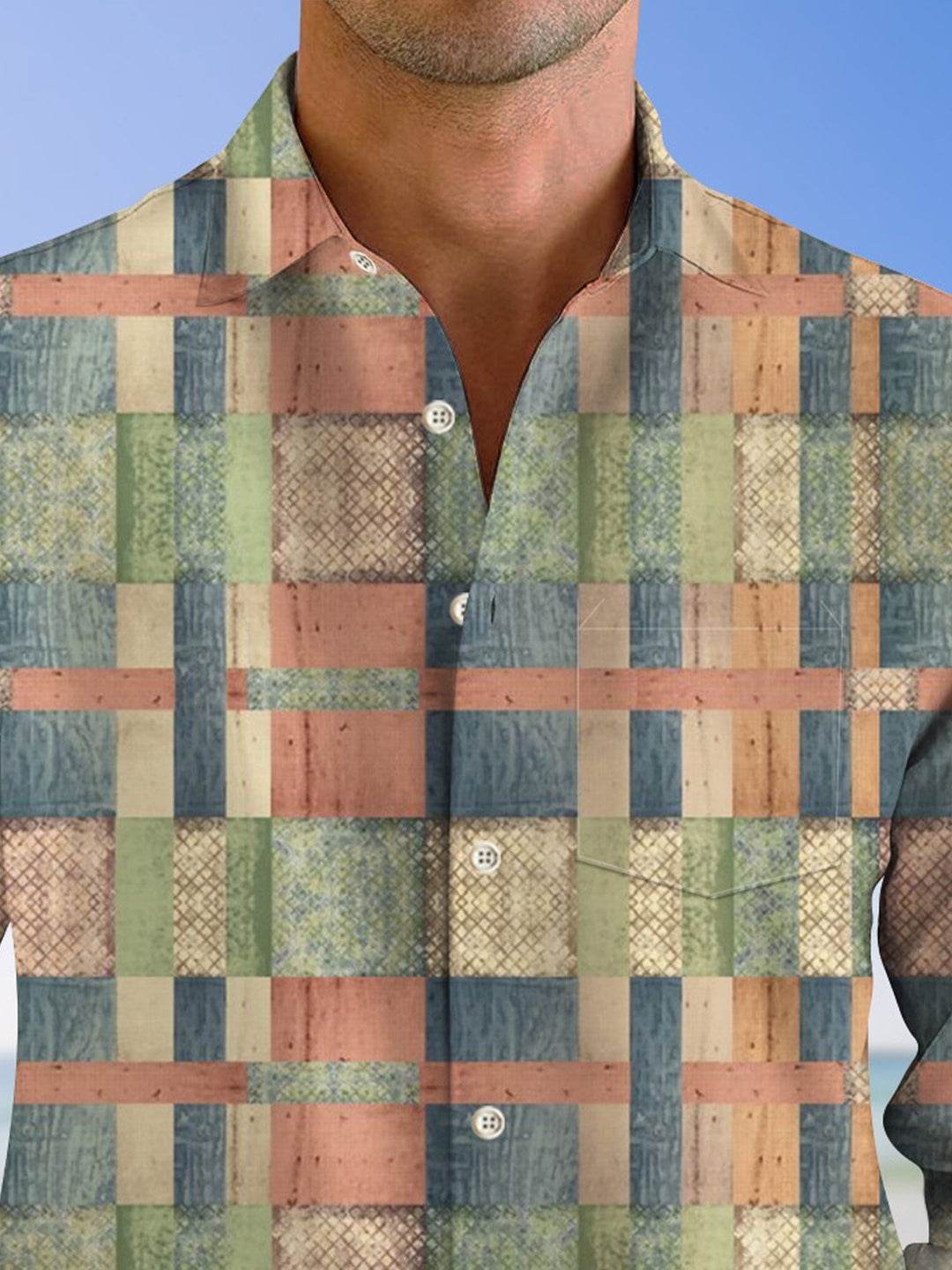 Alohadaddy Retro Geometric Plaid Pocket Button Casual Long Sleeve Shirt