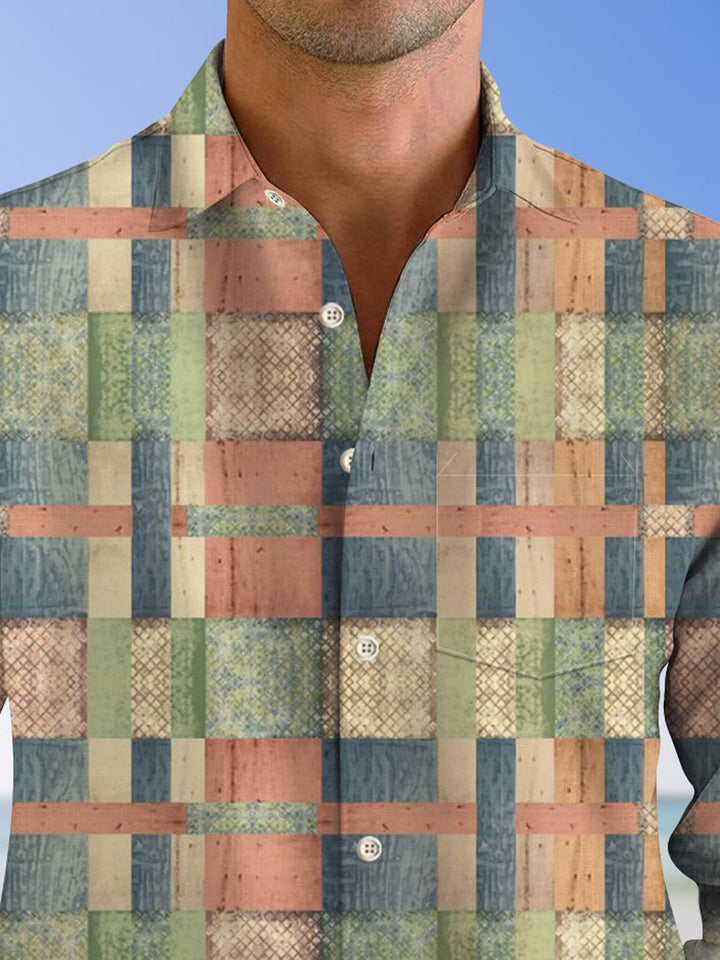 Alohadaddy Retro Geometric Plaid Pocket Button Casual Long Sleeve Shirt