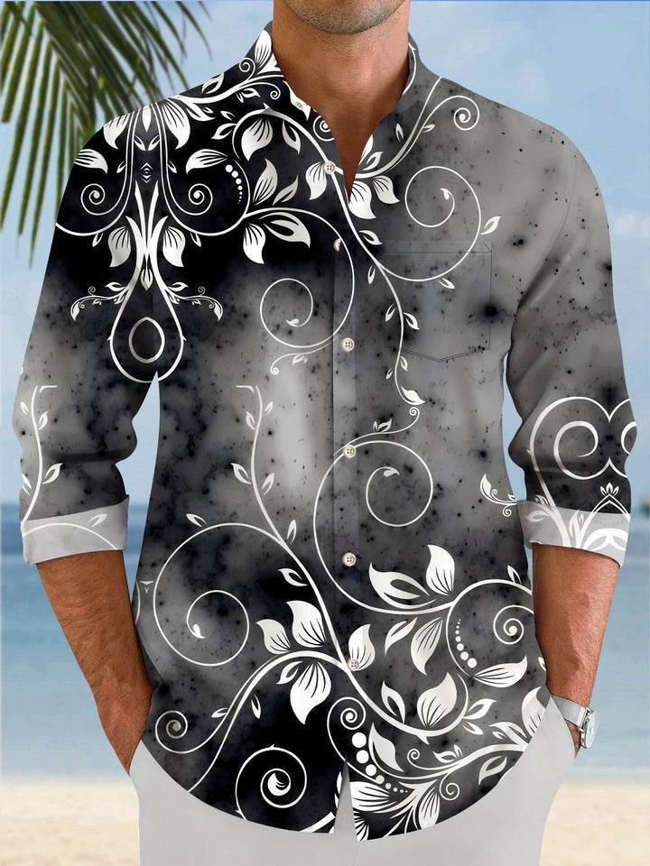 Alohadaddy Retro Plant Leaves Gradient Button Pocket Casual Long Sleeve Shirt