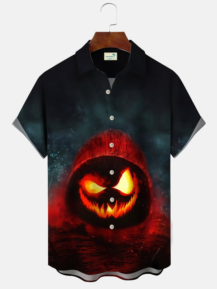 Alohadaddy Halloween Pumpkin Pocket Button Casual Short Sleeve Shirt