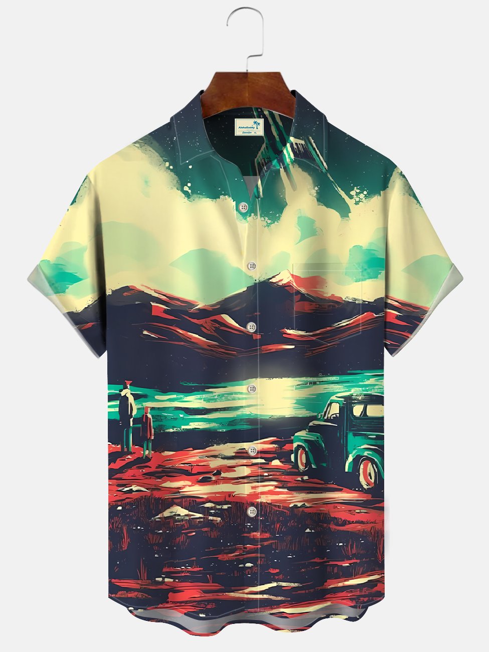 Alohadaddy Mountains Sunset Car Vintage Pocket Buttons Casual Short Sleeve Shirt