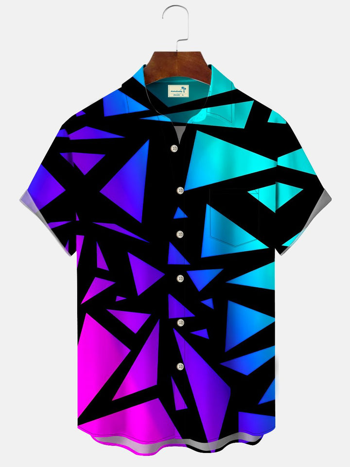 Alohadaddy Geometric Pattern Gradient Pocket Button Casual Short Sleeve Shirt