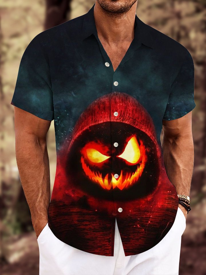 Alohadaddy Halloween Pumpkin Pocket Button Casual Short Sleeve Shirt