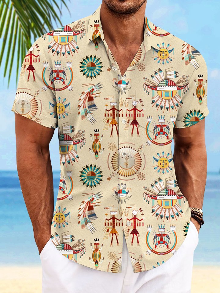 Alohadaddy Ethnic Indian Retro Pocket Button Casual Short Sleeve Shirt