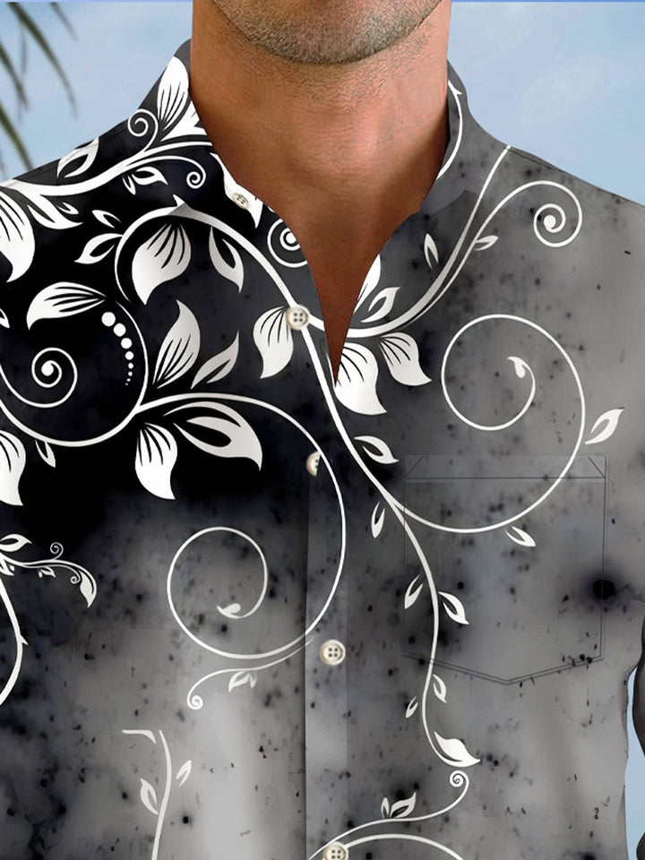 Alohadaddy Retro Plant Leaves Gradient Button Pocket Casual Long Sleeve Shirt