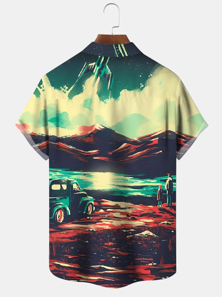 Alohadaddy Mountains Sunset Car Vintage Pocket Buttons Casual Short Sleeve Shirt