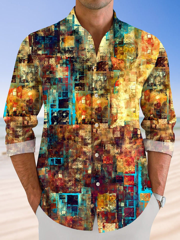 Alohadaddy Retro Geometric Art Button Pocket Casual Long Sleeve Shirt