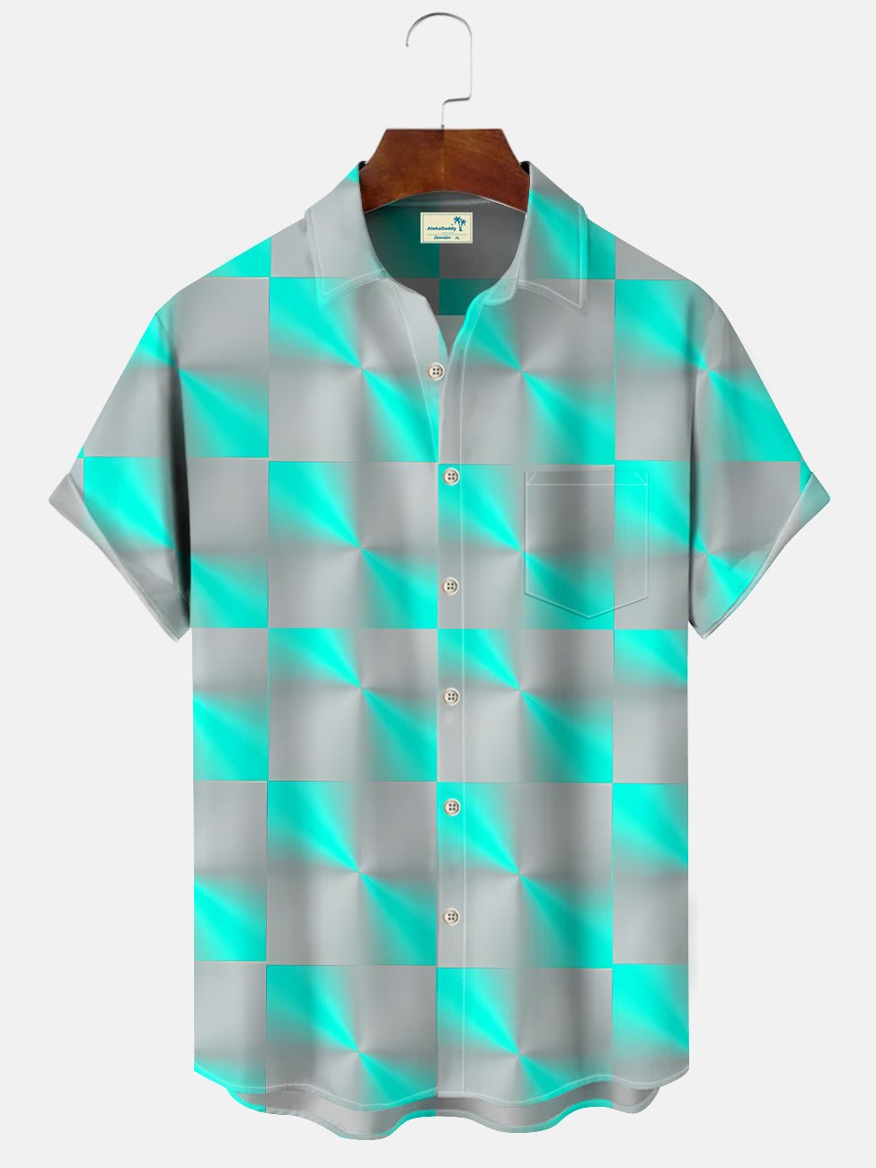 Alohadaddy Geometric Gradient Contrast Pocket Button Casual Short Sleeve Shirt