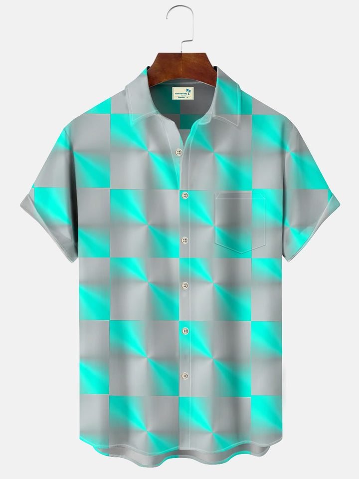 Alohadaddy Geometric Gradient Contrast Pocket Button Casual Short Sleeve Shirt