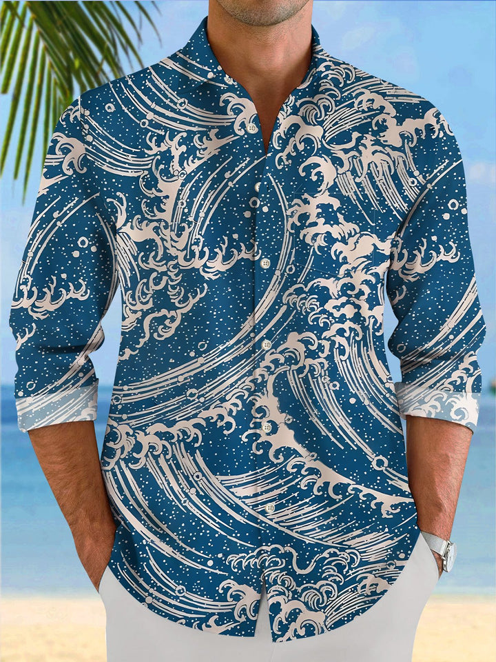 Alohadaddy Wave Vintage Pocket Button Casual Long Sleeve Shirt