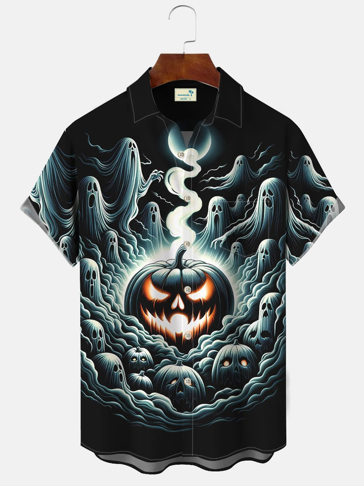 Alohadaddy Halloween Ghost Pumpkin Pocket Button Casual Short Sleeve Shirt
