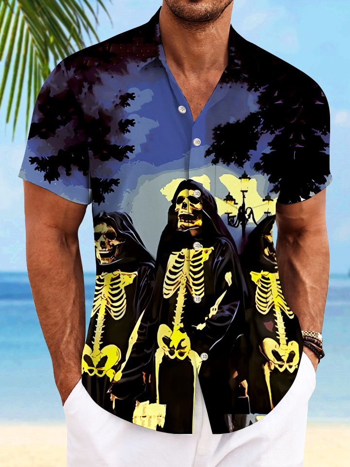 Alohadaddy Halloween Hole Pumpkin Button Pocket Casual Short Sleeve Shirt