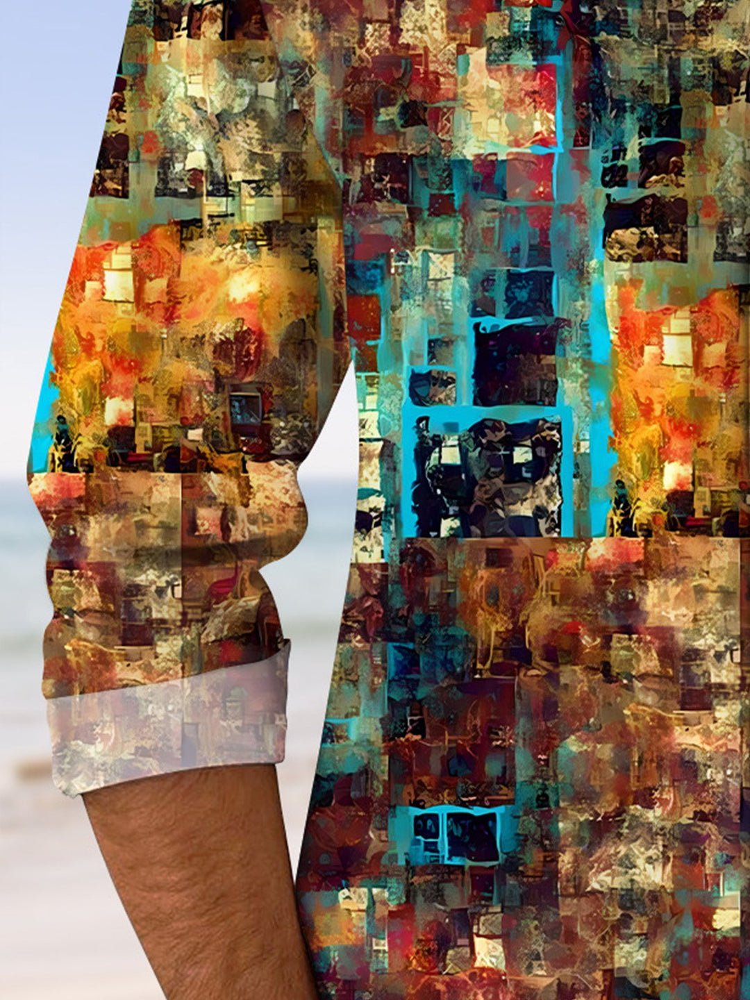 Alohadaddy Retro Geometric Art Button Pocket Casual Long Sleeve Shirt