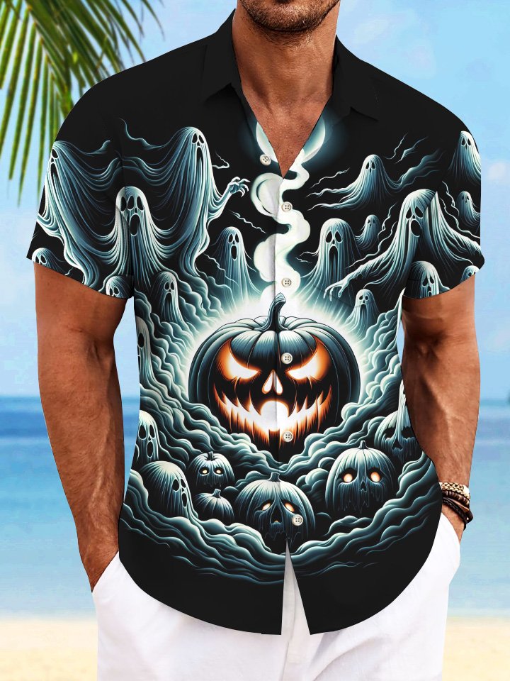 Alohadaddy Halloween Ghost Pumpkin Pocket Button Casual Short Sleeve Shirt